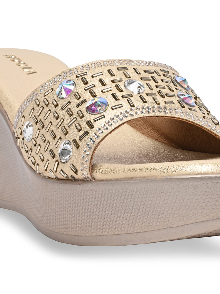 Rocia By Regal Gold Women Embroidered Platforms