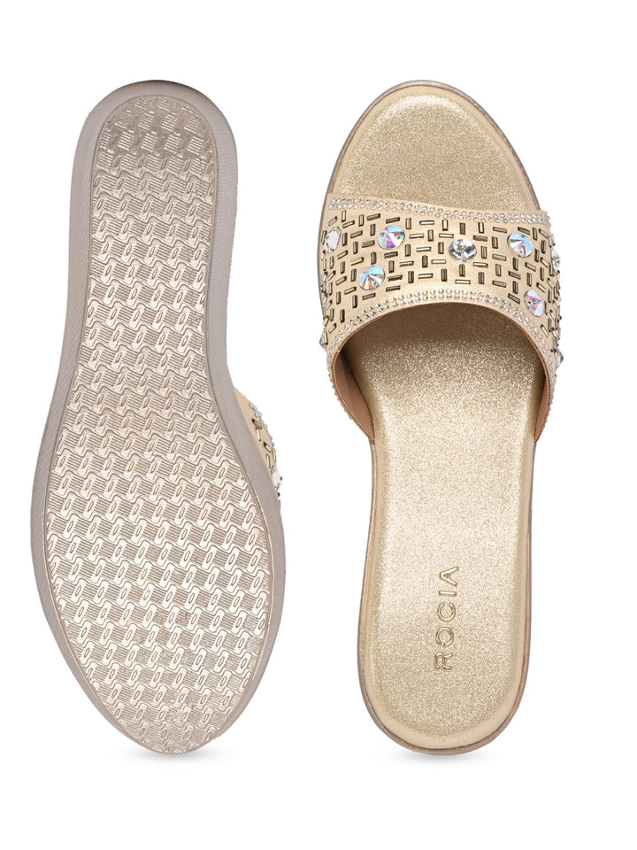 Rocia By Regal Gold Women Embroidered Platforms