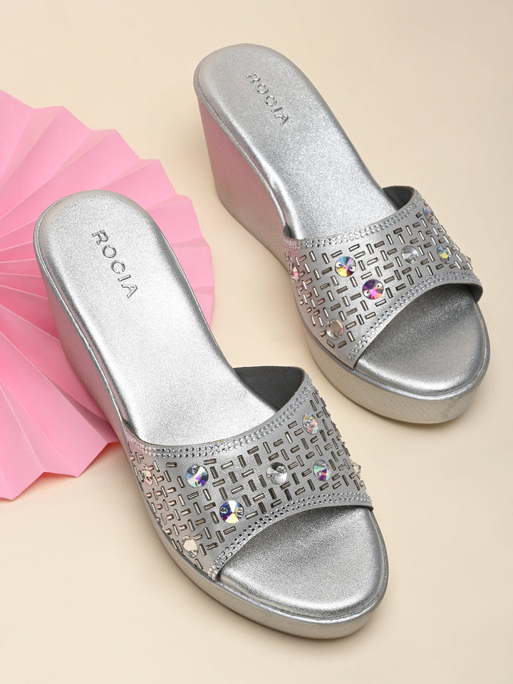 Rocia By Regal Silver Women Embroidered Platforms