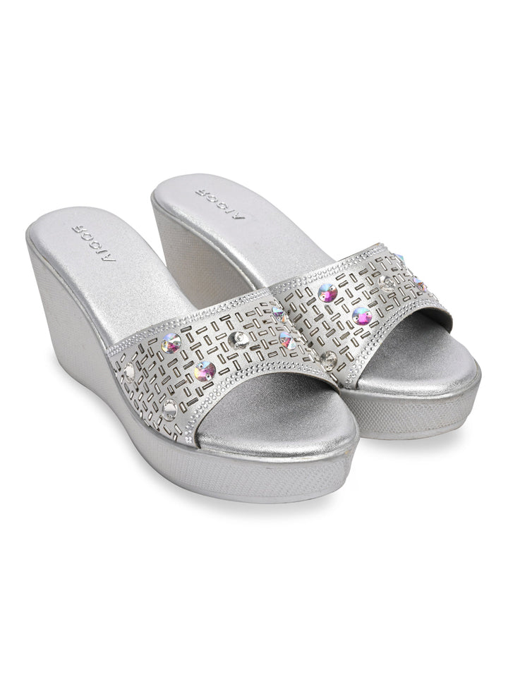 Rocia By Regal Silver Women Embroidered Platforms