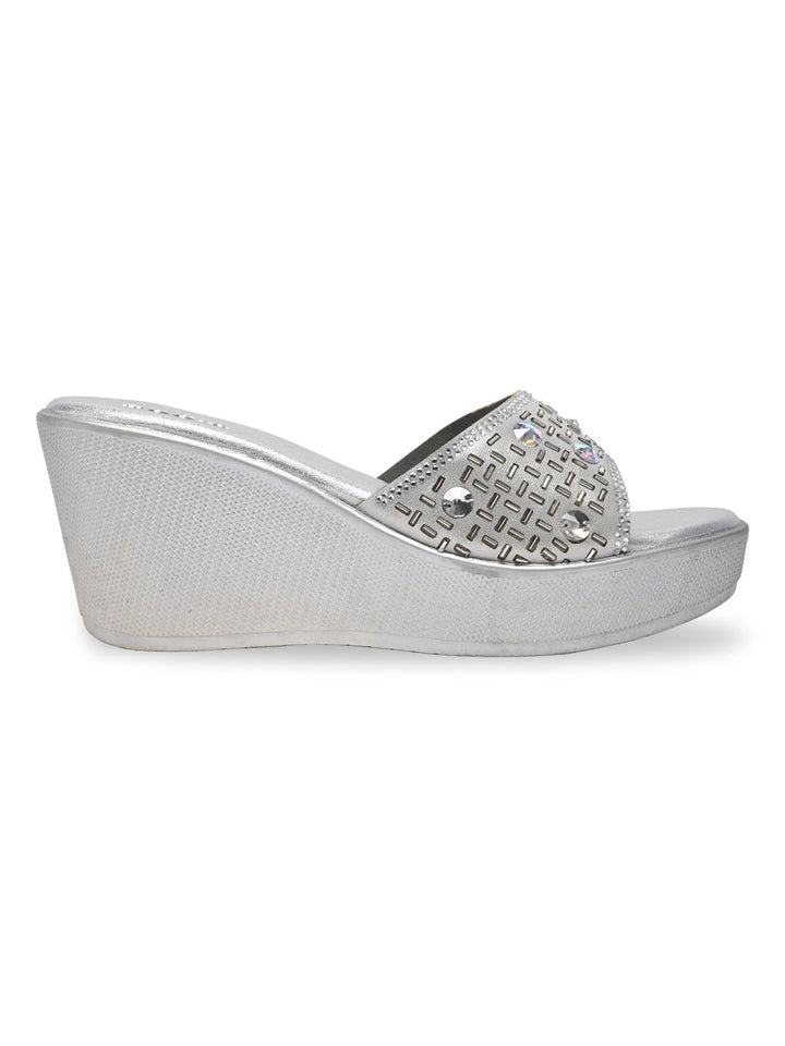 Rocia By Regal Silver Women Embroidered Platforms