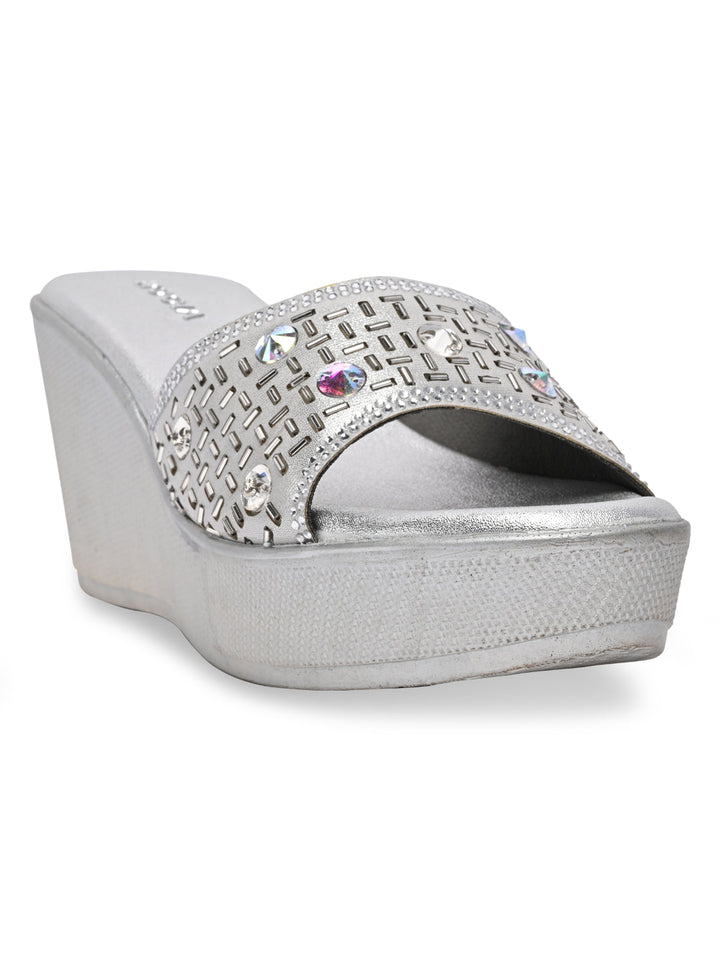 Rocia By Regal Silver Women Embroidered Platforms