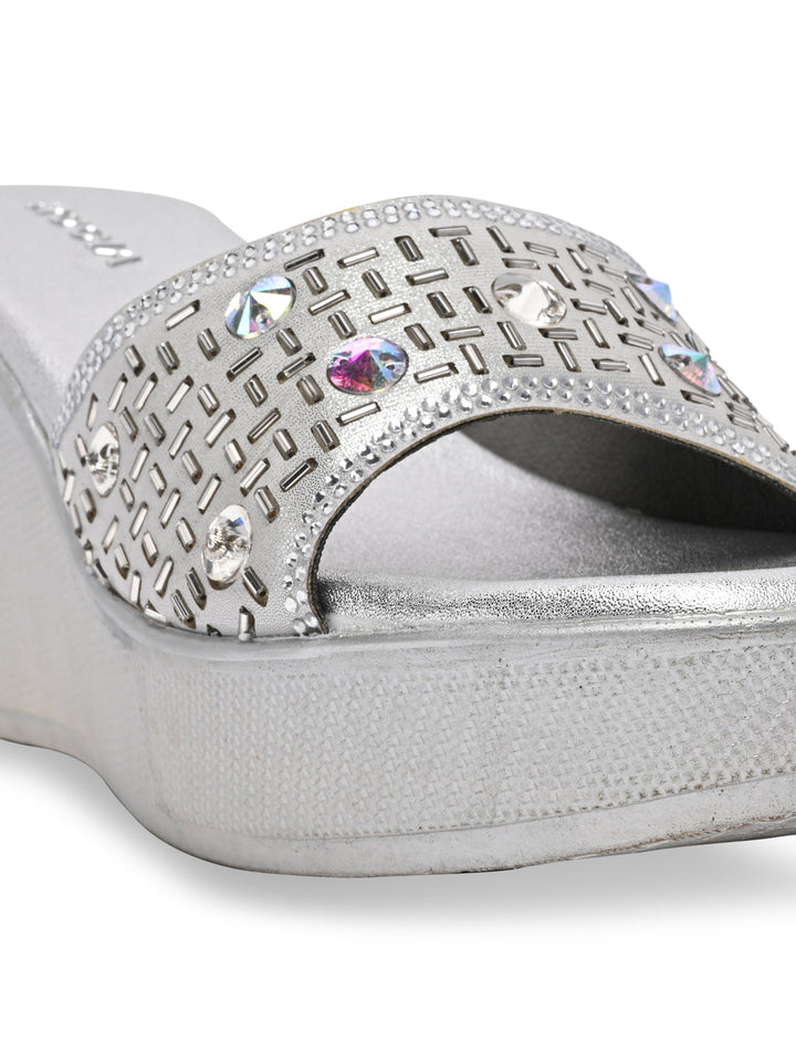 Rocia By Regal Silver Women Embroidered Platforms