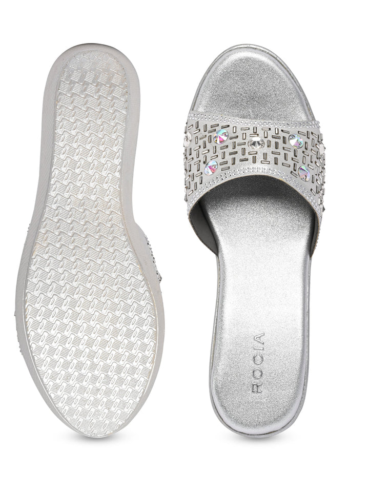 Rocia By Regal Silver Women Embroidered Platforms