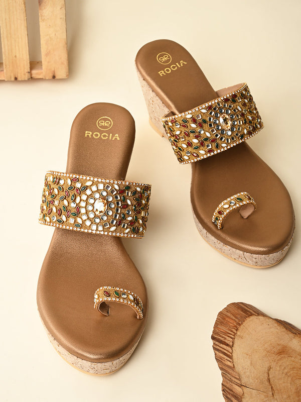 Rocia By Regal Antique Gold Women One Toe Kundan Work Platforms