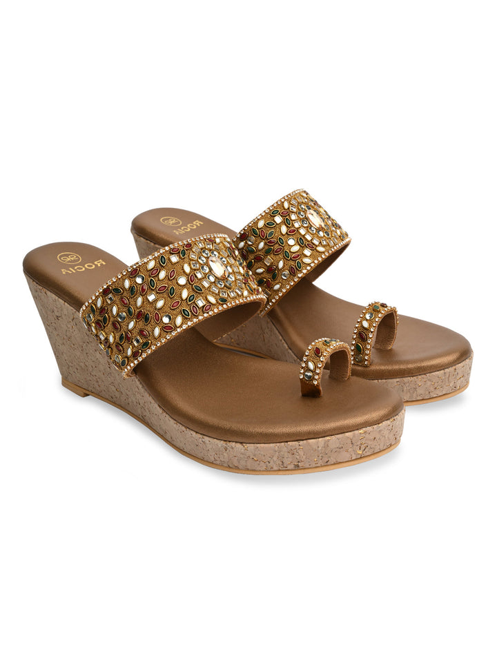 Rocia By Regal Antique Gold Women One Toe Kundan Work Platforms