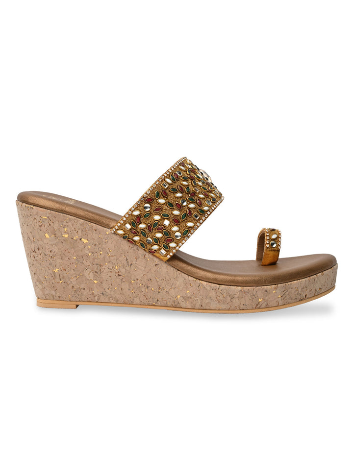 Rocia By Regal Antique Gold Women One Toe Kundan Work Platforms