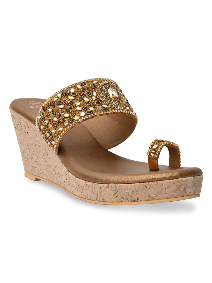 Rocia By Regal Antique Gold Women One Toe Kundan Work Platforms