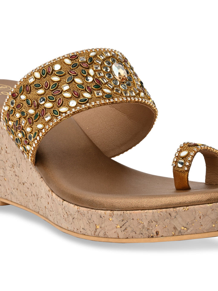 Rocia By Regal Antique Gold Women One Toe Kundan Work Platforms