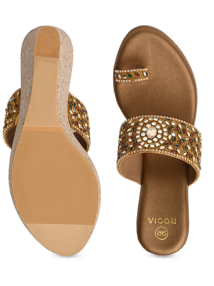 Rocia By Regal Antique Gold Women One Toe Kundan Work Platforms