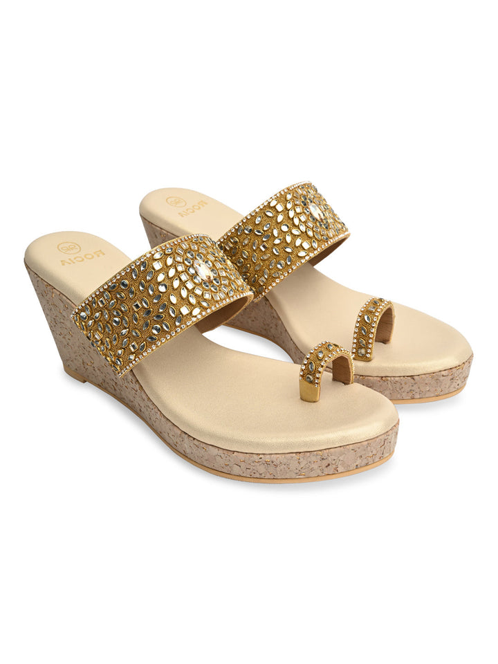 Rocia By Regal Gold Women One Toe Kundan Work Platforms