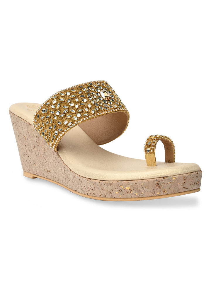 Rocia By Regal Gold Women One Toe Kundan Work Platforms