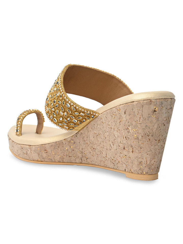 Rocia By Regal Gold Women One Toe Kundan Work Platforms