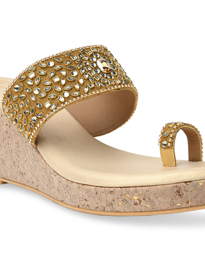 Rocia By Regal Gold Women One Toe Kundan Work Platforms