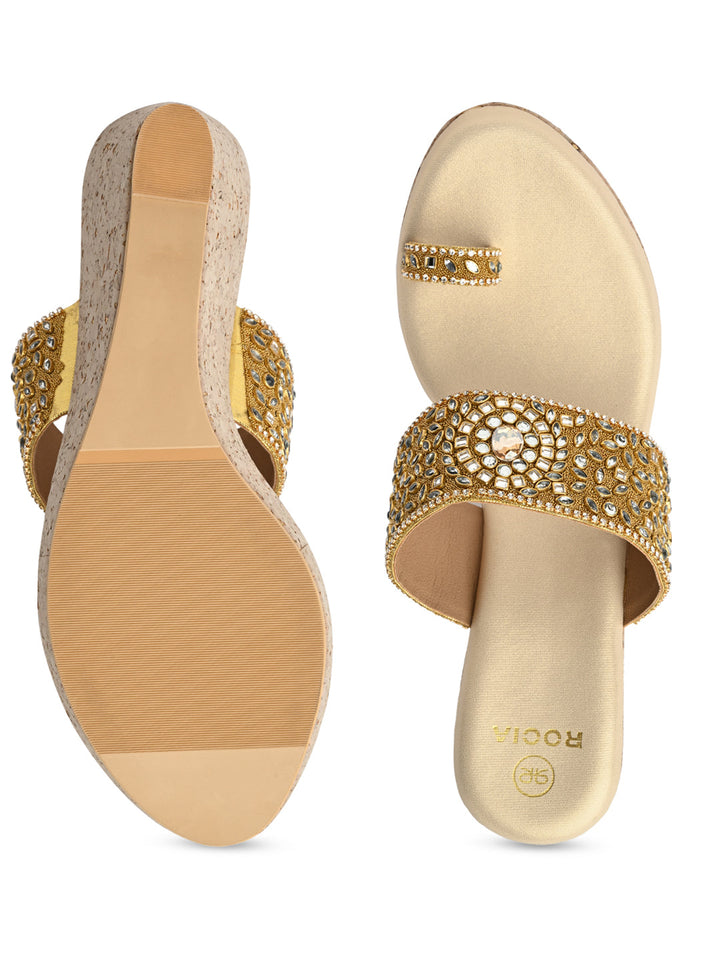 Rocia By Regal Gold Women One Toe Kundan Work Platforms