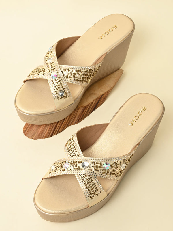 Rocia By Regal Gold Women Diamond Embellished Platforms