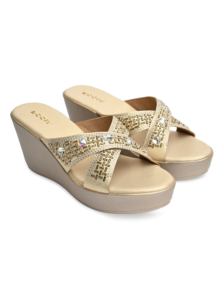 Rocia By Regal Gold Women Diamond Embellished Platforms