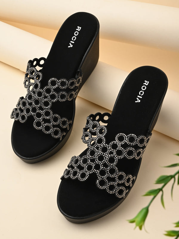 Rocia By Regal Black Women Diamante Embellished High Heel Platforms