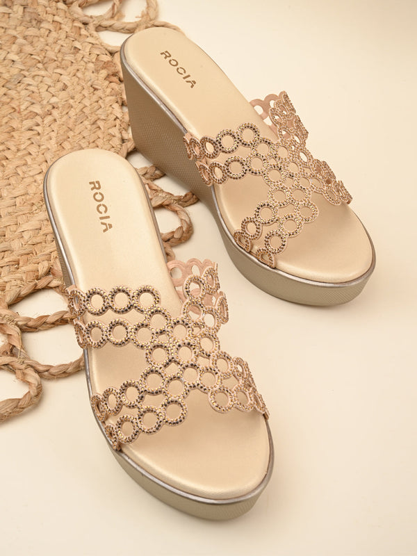 Rocia By Regal Gold Women Diamante Embellished High Heel Platforms