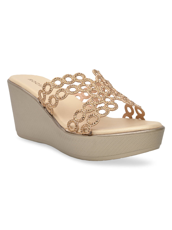 Rocia By Regal Gold Women Diamante Embellished High Heel Platforms