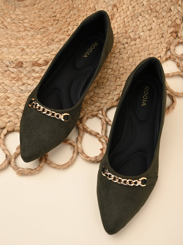 Rocia By Regal Olive Women Pointed Suede Ballerinas