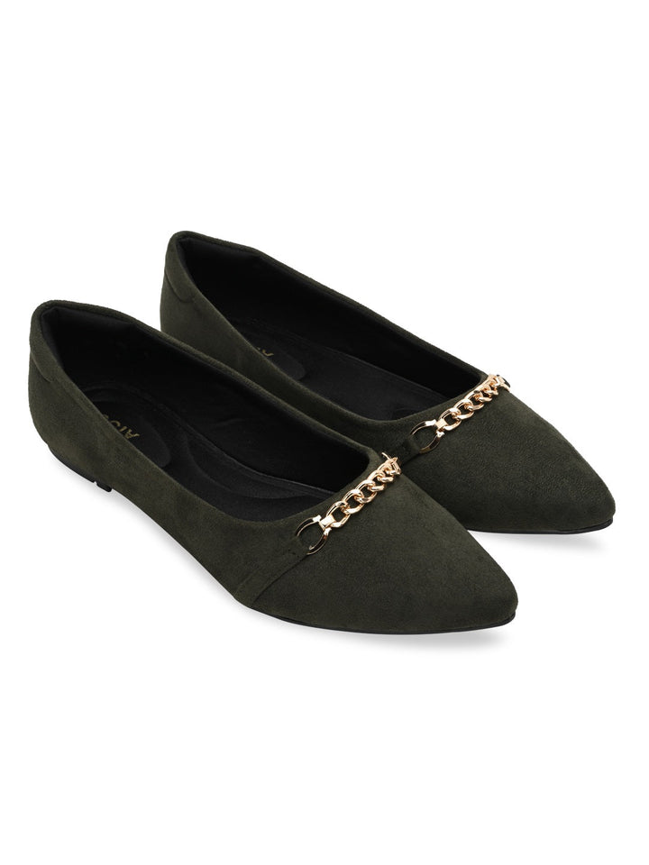 Rocia By Regal Olive Women Pointed Suede Ballerinas