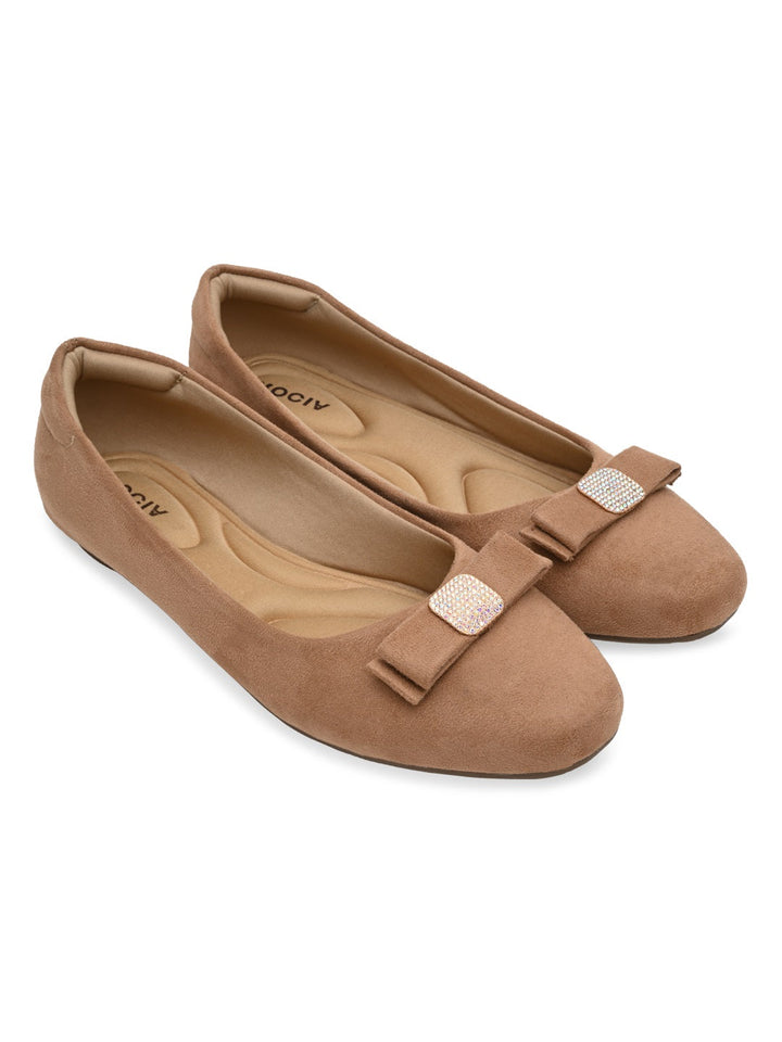 Rocia By Regal Beige Women Suede Bow Ballerinas