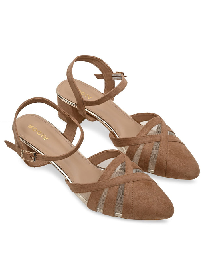 Rocia By Regal Beige Women Close Toe Suede N Mesh Ankle Strap Pumps