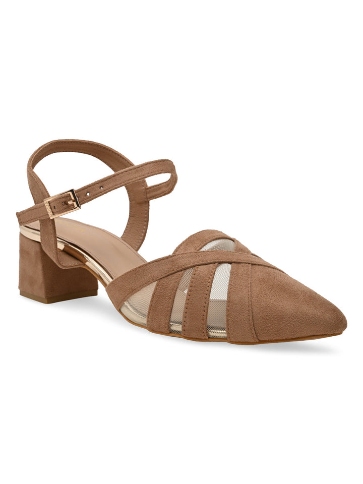 Rocia By Regal Beige Women Close Toe Suede N Mesh Ankle Strap Pumps
