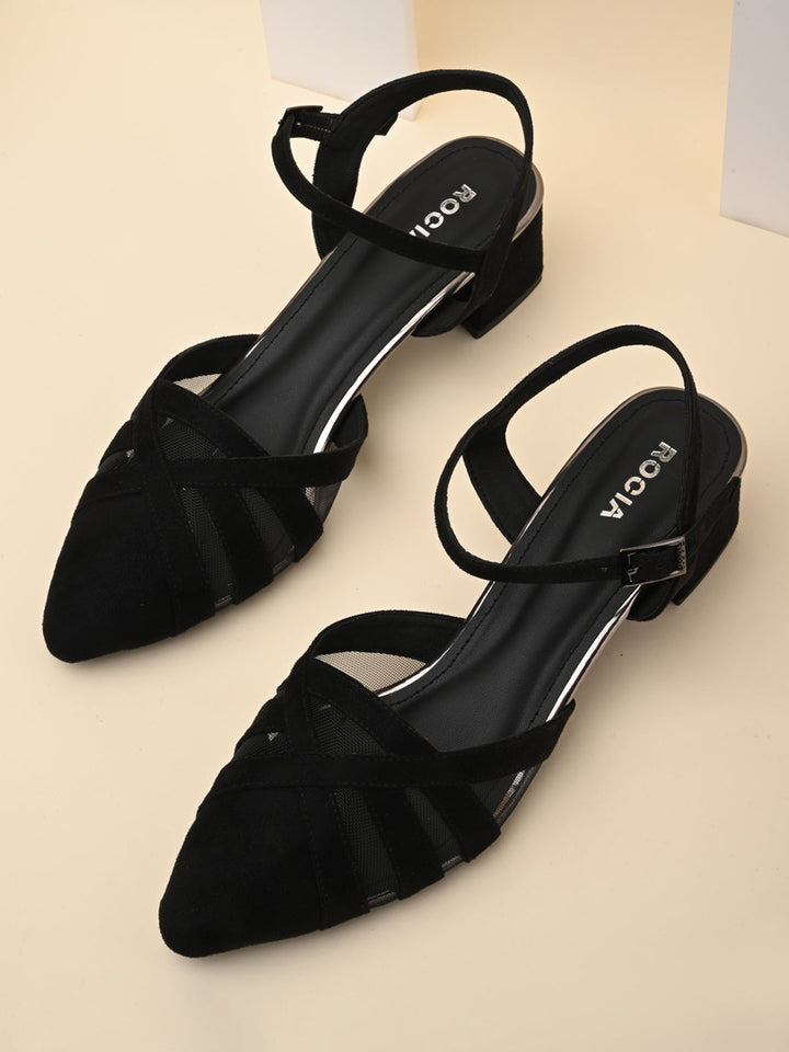Rocia By Regal Black Women Close Toe Suede N Mesh Ankle Strap Pumps