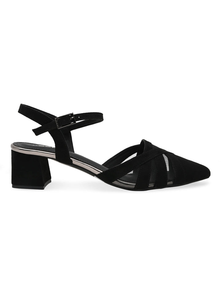 Rocia By Regal Black Women Close Toe Suede N Mesh Ankle Strap Pumps