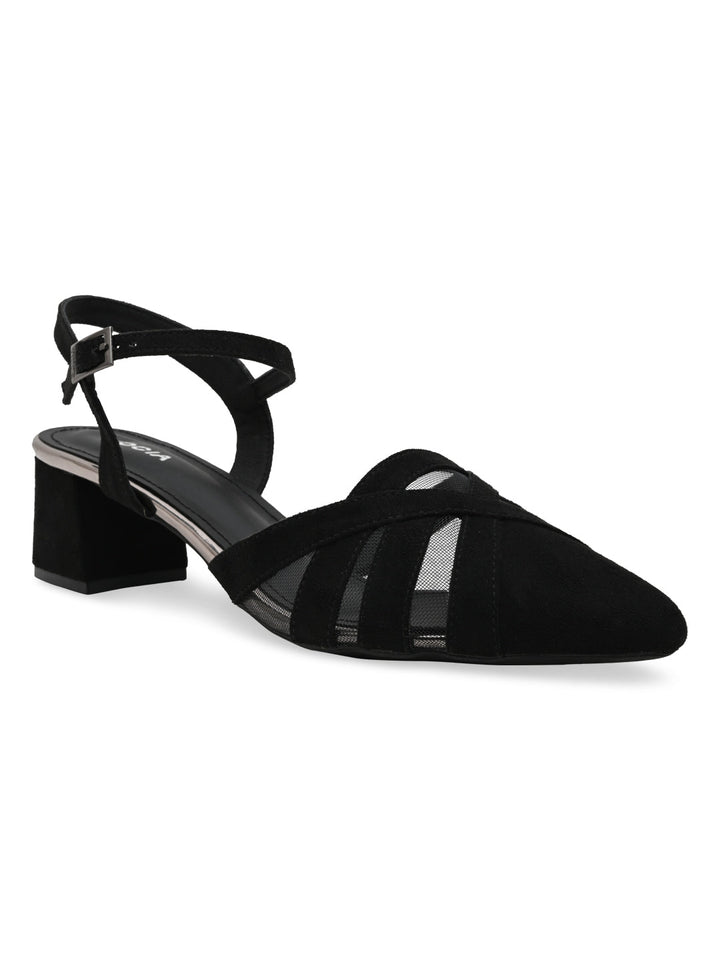 Rocia By Regal Black Women Close Toe Suede N Mesh Ankle Strap Pumps