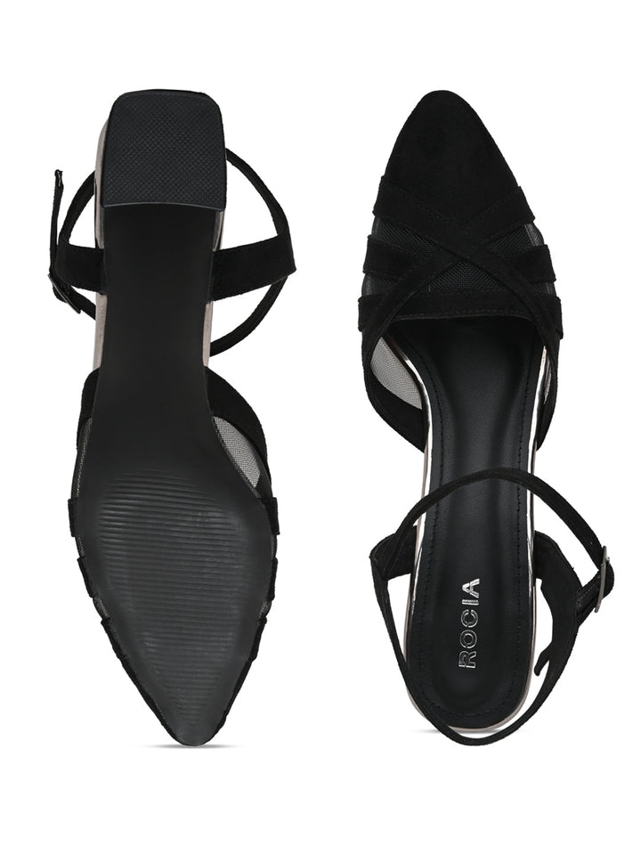 Rocia By Regal Black Women Close Toe Suede N Mesh Ankle Strap Pumps