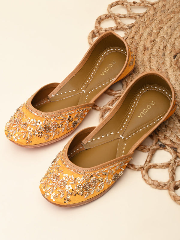 Rocia By Regal Mustard Women Embroidered Jutties