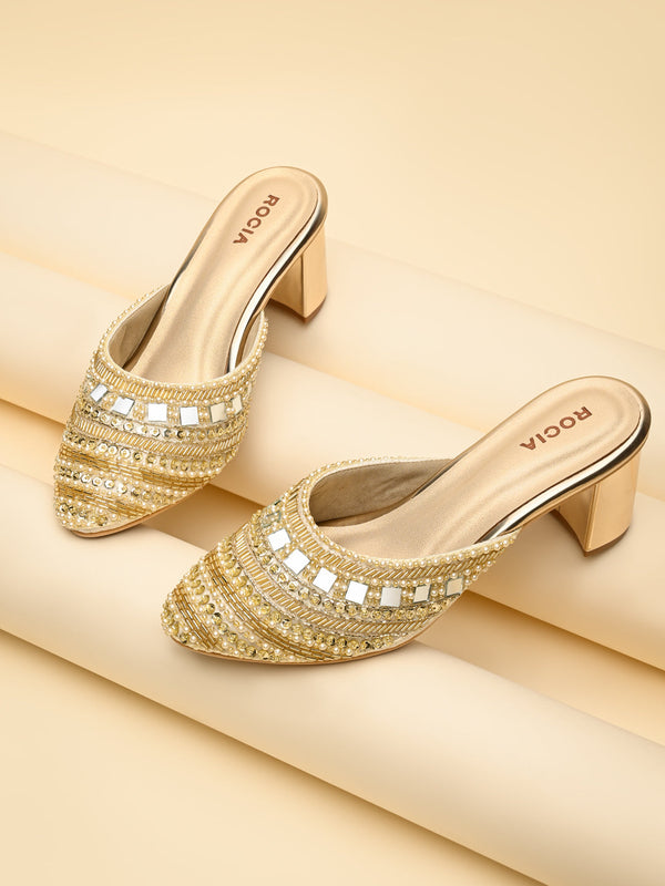 Rocia By Regal Gold Women Hand Embroidered Block Heel Mules