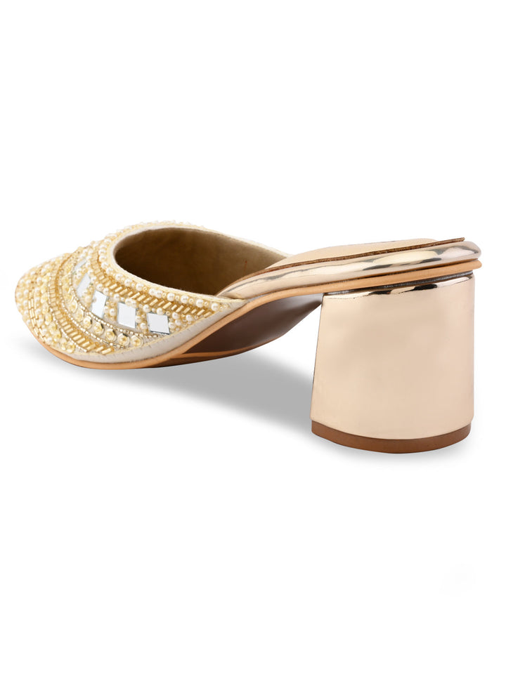 Rocia By Regal Gold Women Hand Embroidered Block Heel Mules