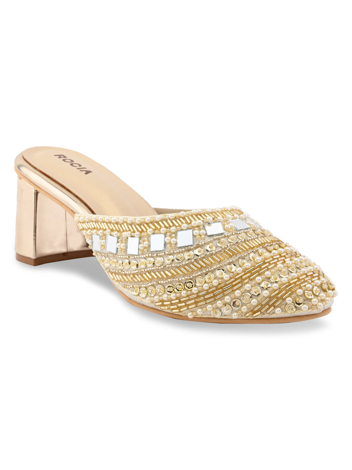 Rocia By Regal Gold Women Hand Embroidered Block Heel Mules