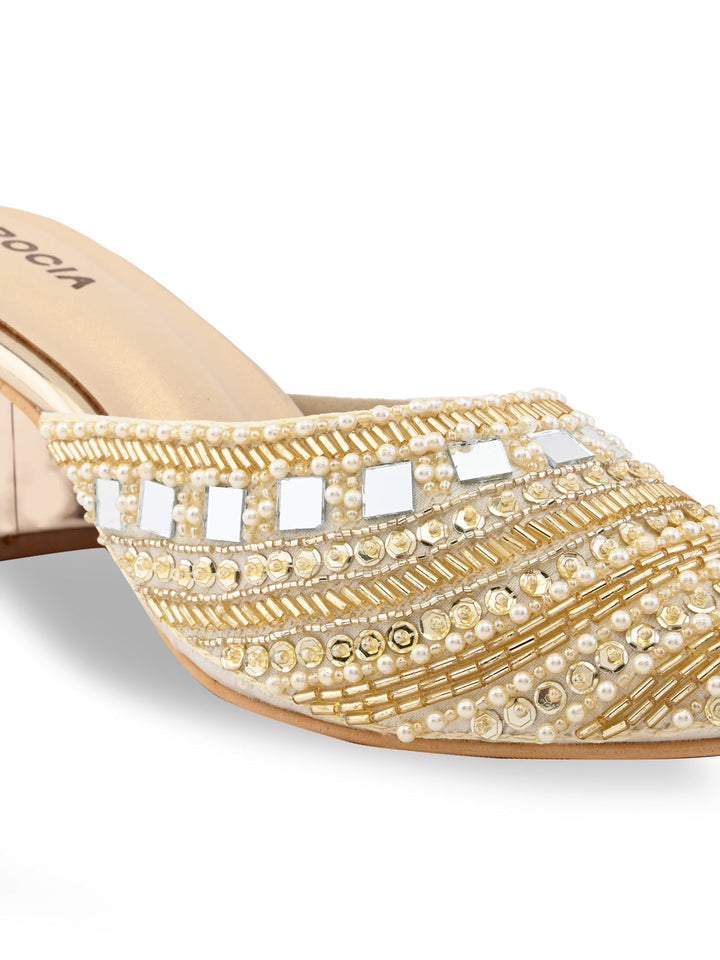 Rocia By Regal Gold Women Hand Embroidered Block Heel Mules