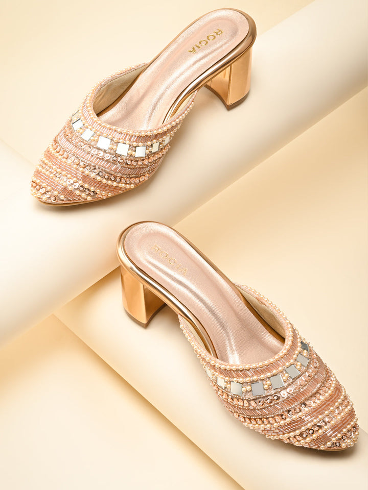 Rocia By Regal Rose Gold Women Hand Embroidered Block Heel Mules