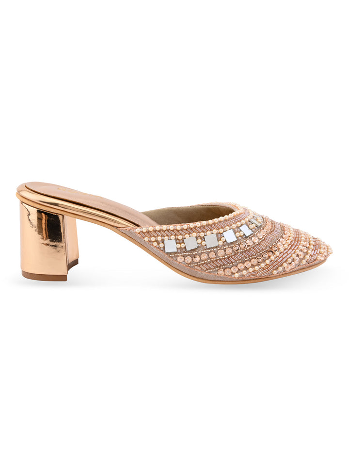 Rocia By Regal Rose Gold Women Hand Embroidered Block Heel Mules