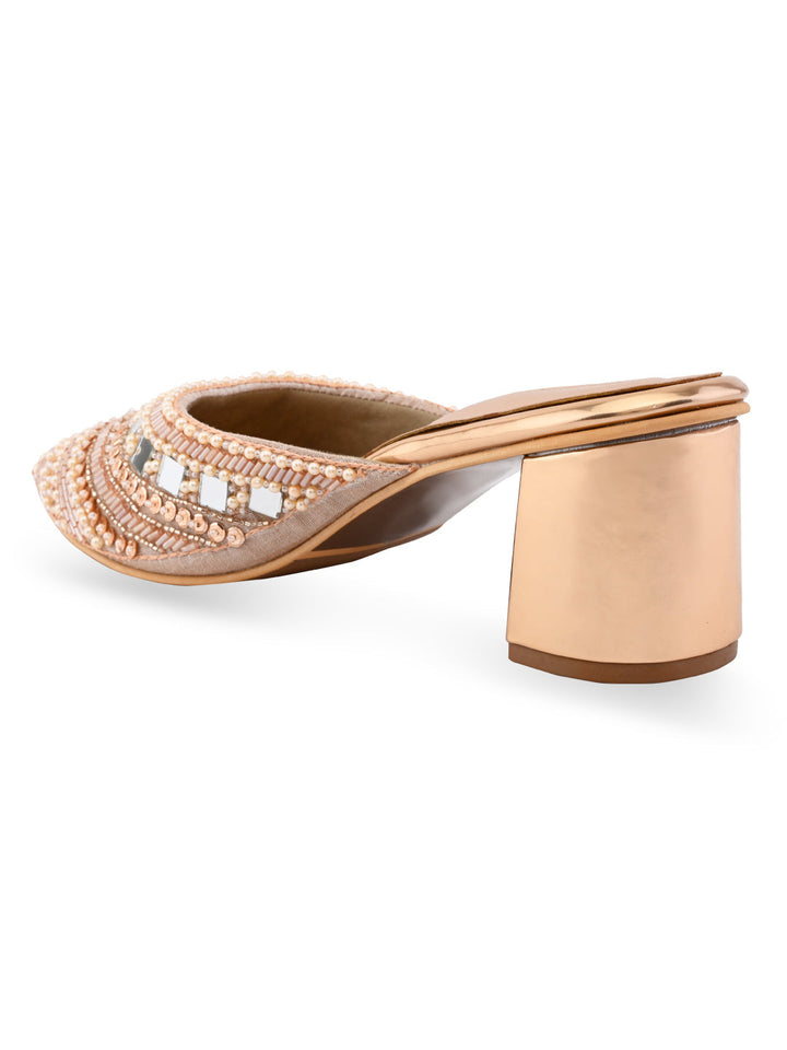 Rocia By Regal Rose Gold Women Hand Embroidered Block Heel Mules