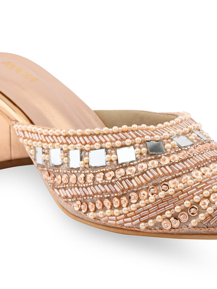Rocia By Regal Rose Gold Women Hand Embroidered Block Heel Mules
