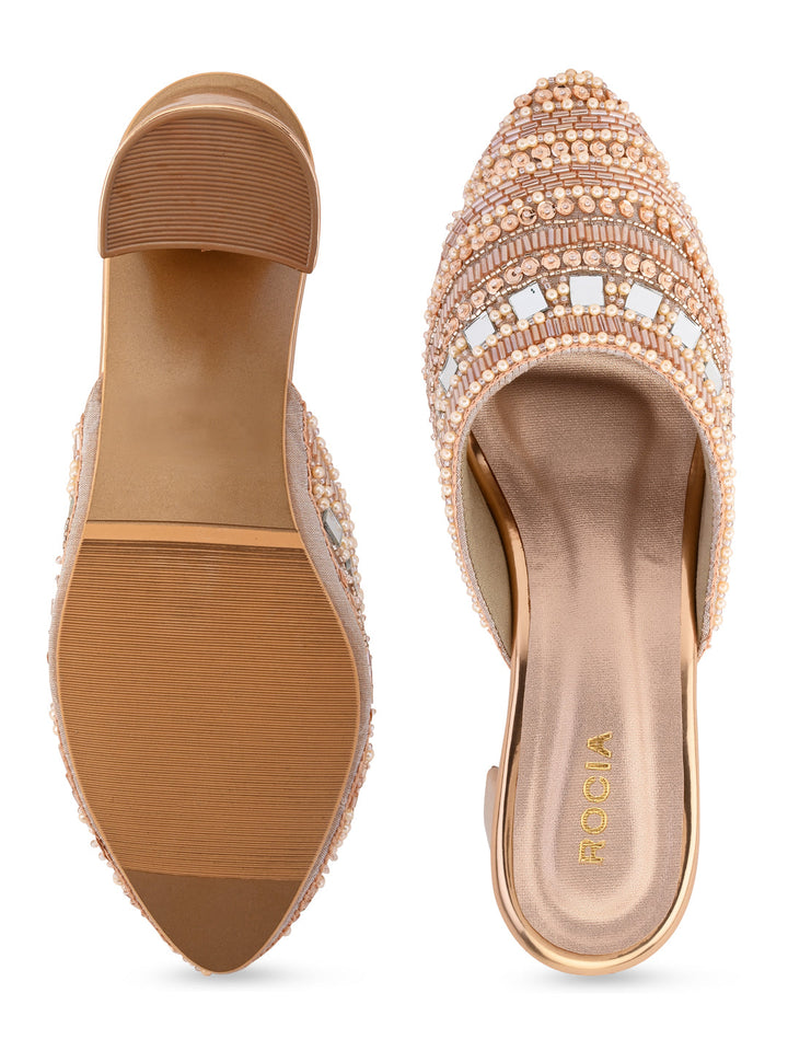 Rocia By Regal Rose Gold Women Hand Embroidered Block Heel Mules