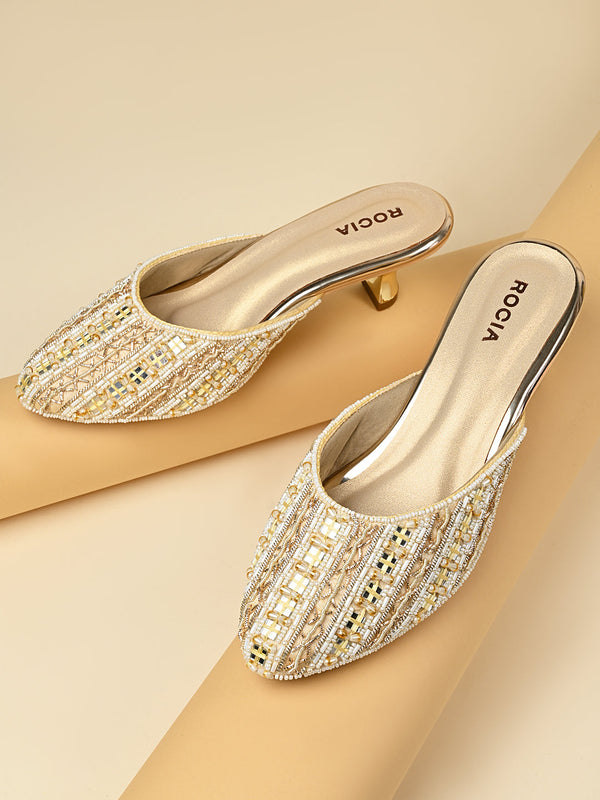 Rocia By Regal Gold Women Embroidered Kitten Heel Mules