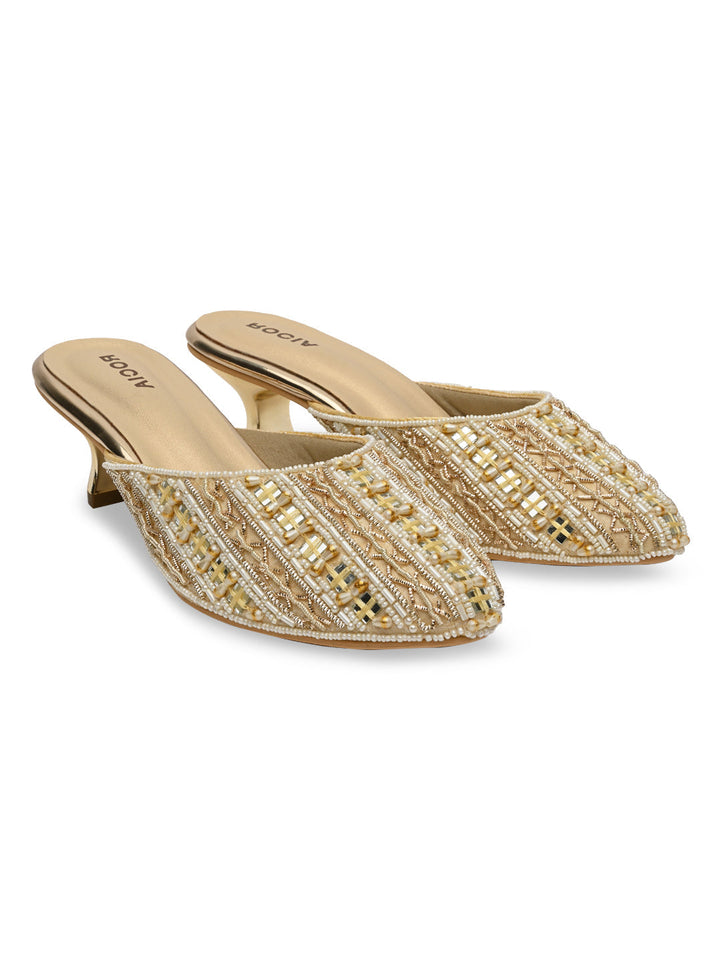 Rocia By Regal Gold Women Embroidered Kitten Heel Mules