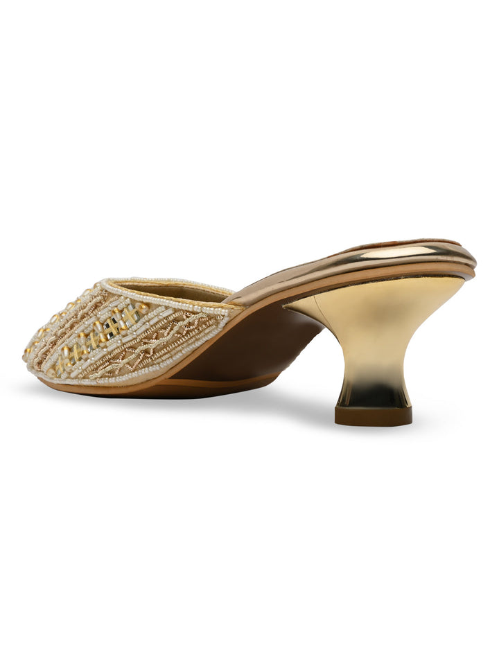Rocia By Regal Gold Women Embroidered Kitten Heel Mules
