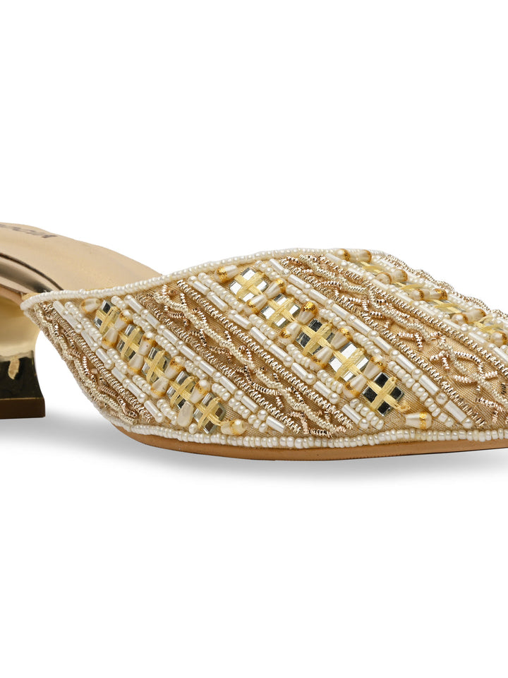Rocia By Regal Gold Women Embroidered Kitten Heel Mules