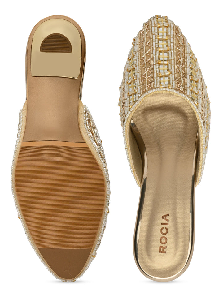 Rocia By Regal Gold Women Embroidered Kitten Heel Mules