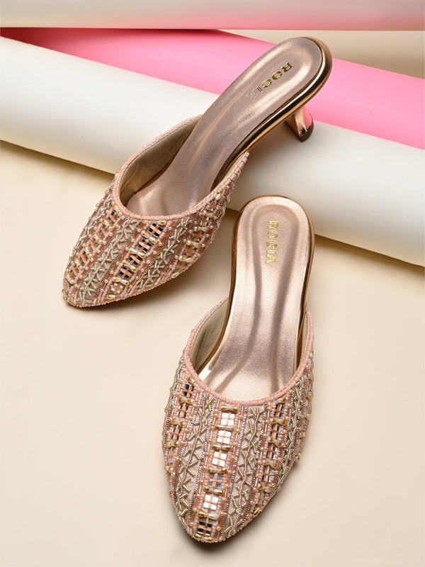 Rocia By Regal Rose Gold Women Embroidered Kitten Heel Mules