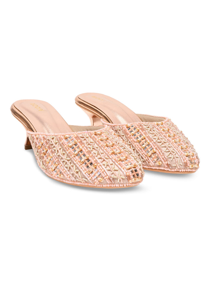 Rocia By Regal Rose Gold Women Embroidered Kitten Heel Mules
